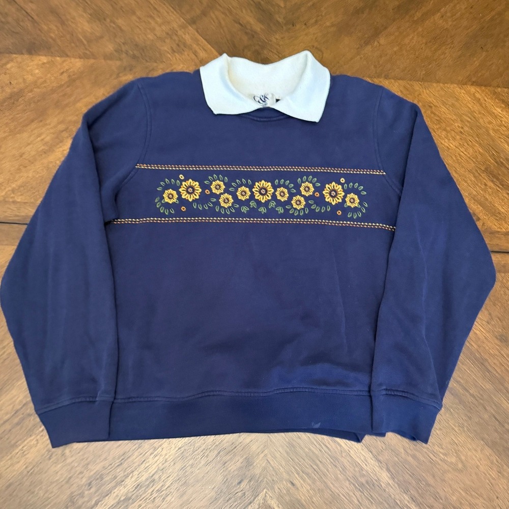 C&K Designs Navy Blue Sunflower Embroidered Sweatshirt Collar Large Vintage